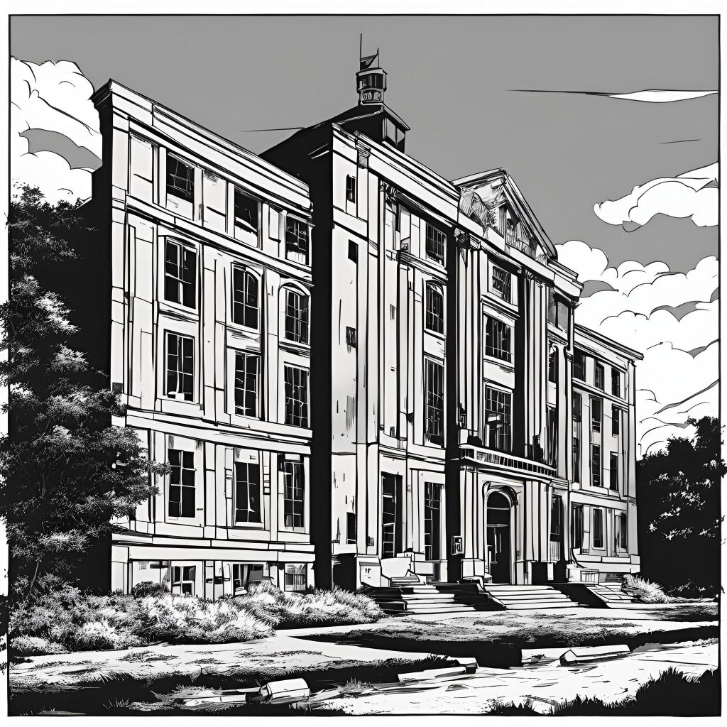 Image of a high school building in black and white inked comic book style