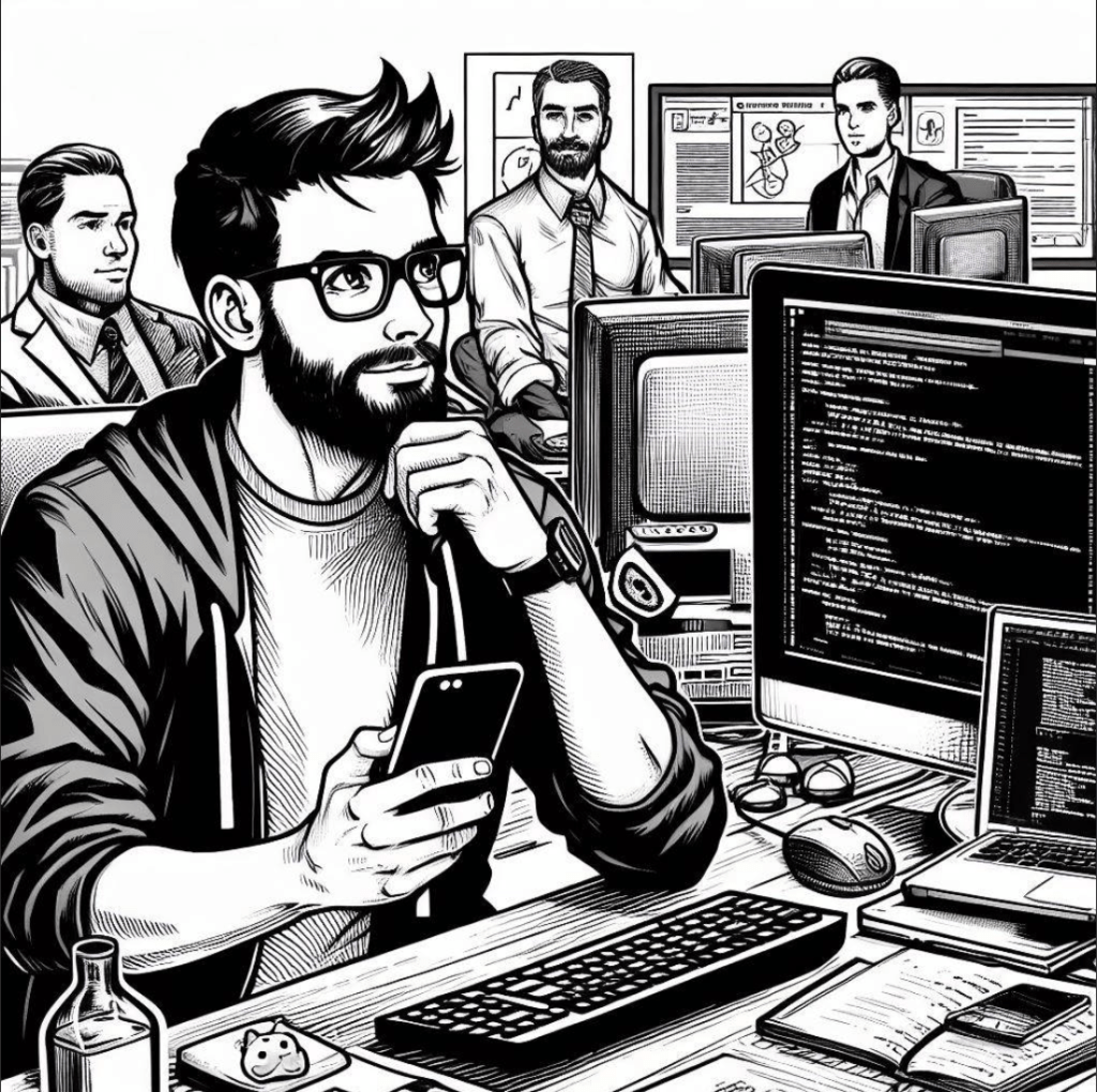 Image of a software engineer in black and white inked comic book style