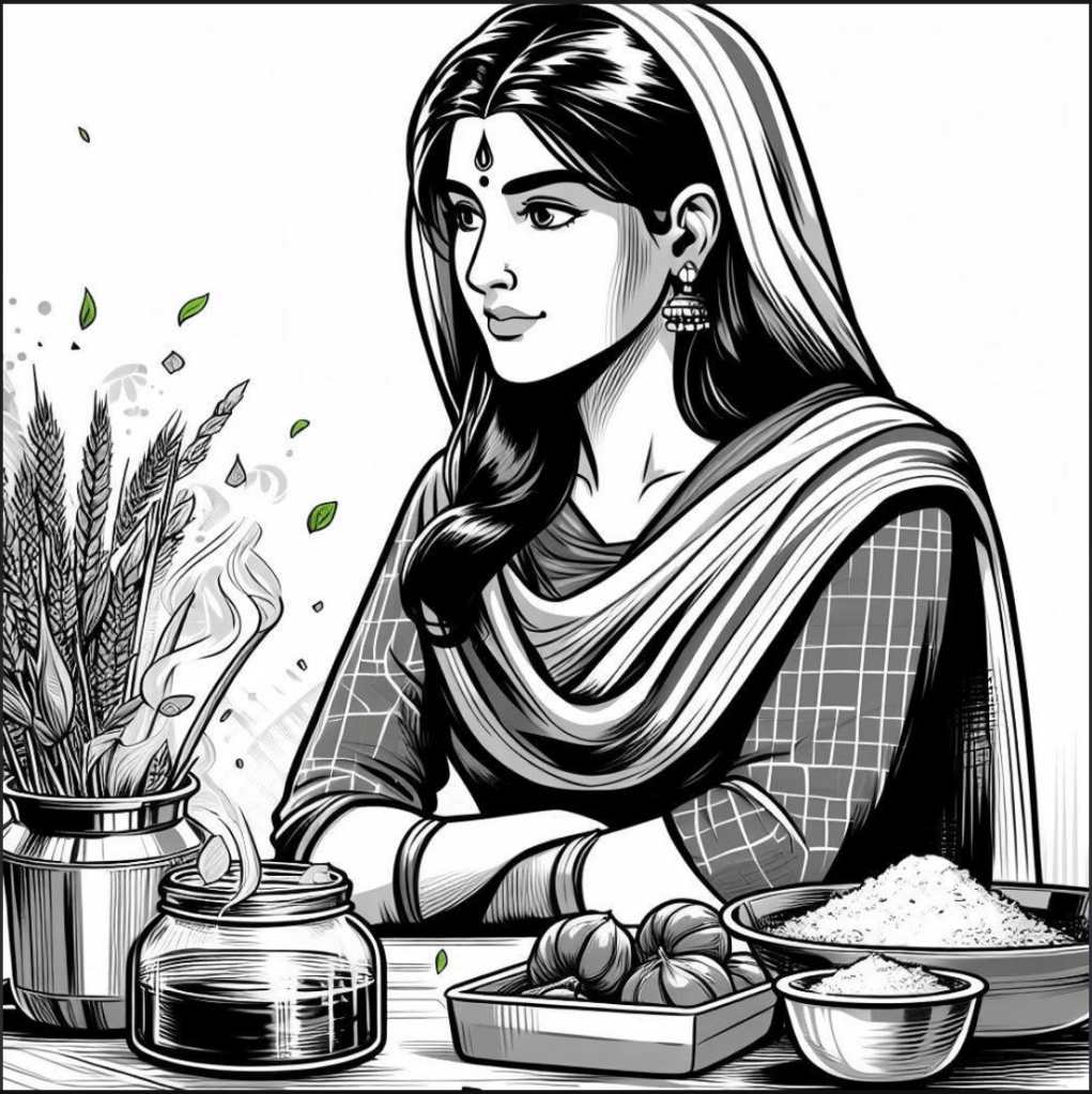 Image of an Indian mom in black and white inked comic book style