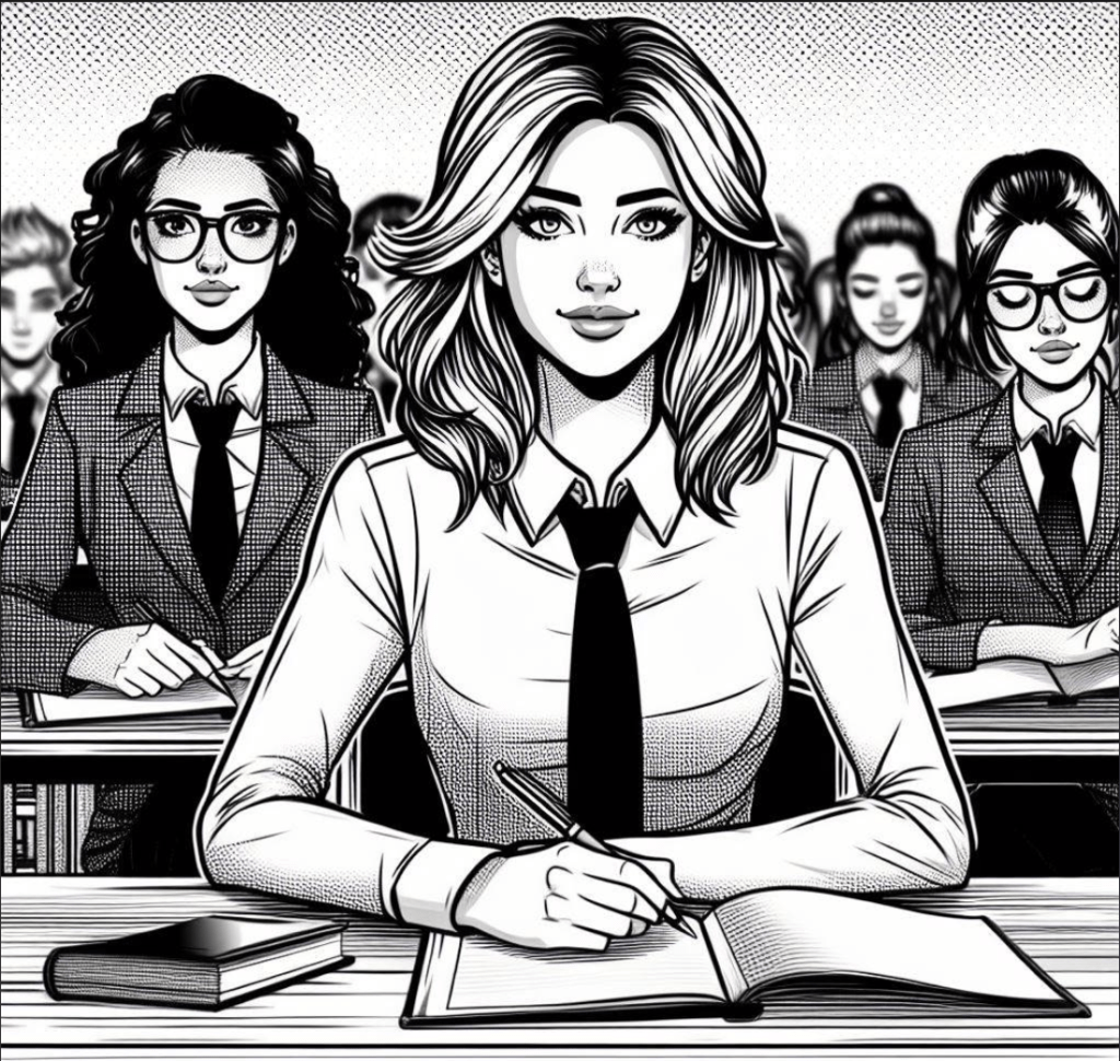 Image of an Indian original student in black and white inked comic book style