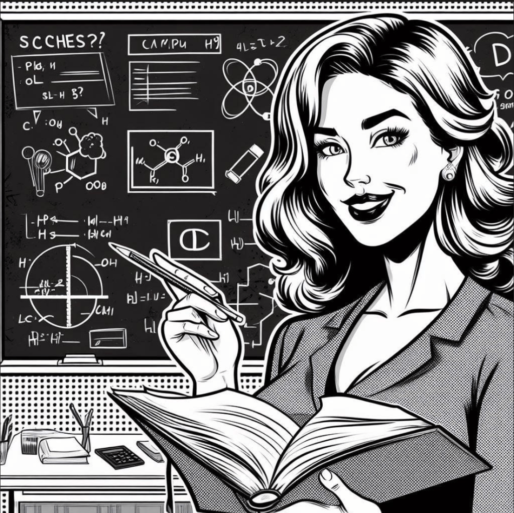 Image of a high school teacher in black and white inked comic book style